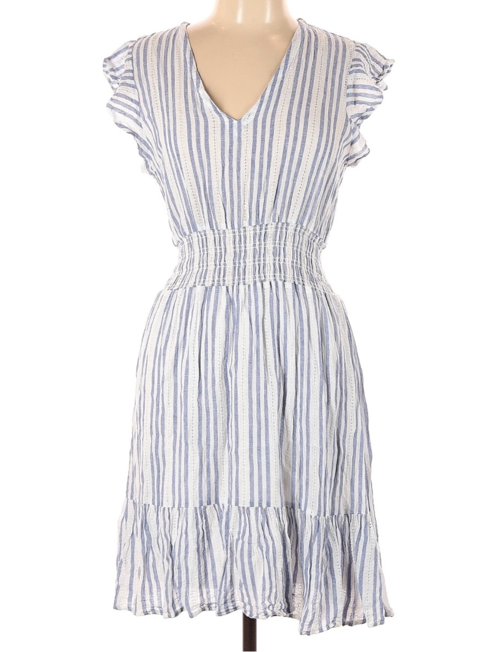 Rails Blue and White Striped V-Neck Midi Dress